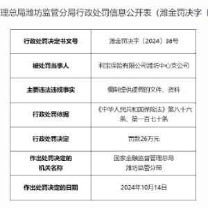 利宝保险潍坊中心支公司被罚26万元：编制提供虚假的文件、资料