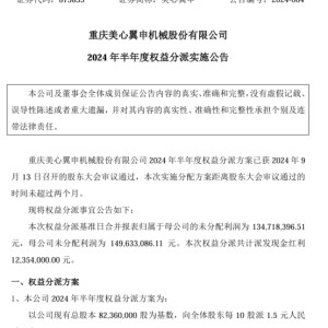 美心翼申2024年半年度权益分派每10股派现1.5元 共计派发现金红利1235.4万