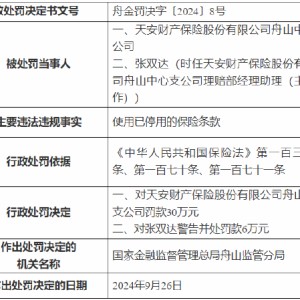 天安财险舟山中心支公司被罚30万元：因使用已停用的保险条款