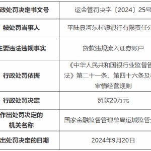 平陆县河东村镇银行被罚20万元：因贷款违规流入证券账户