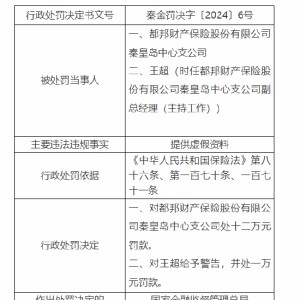 都邦财险秦皇岛中心支公司被罚12万元：提供虚假资料