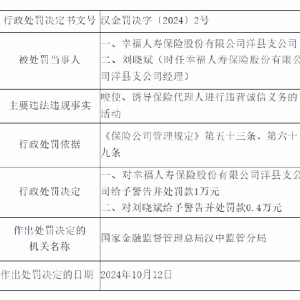 幸福人寿洋县支公司被罚：因唆使、诱导保险代理人进行违背诚信义务的活动