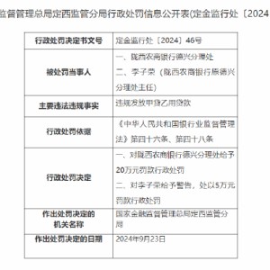 陇西农商银行德兴分理处被罚20万元：违规发放甲贷乙用贷款