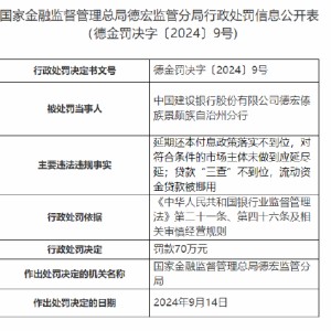 中国建设银行德宏州分行被罚70万元：延期还本付息政策落实不到位 贷款“三查”不到位