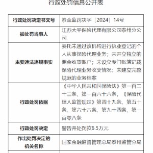 江苏大平保险代理有限公司泰州分公司被罚6.5万元：因未开立独立的佣金收取账户等四项主要违法违规事实