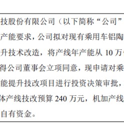 湘投轻材拟对现有乘用车铝陶制动盘坯体线和自动化机加线进行产能提升技术改造 项目估算建设投资460万