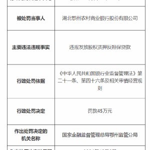 湖北鄂州农村商业银行被罚45万元：因违规发放股权质押反担保贷款