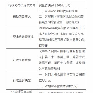 河北省金融租赁有限公司被罚75万元：因违规开展关联交易