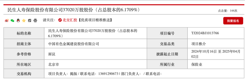 民生保险3.7亿股 国资股东清仓转让！