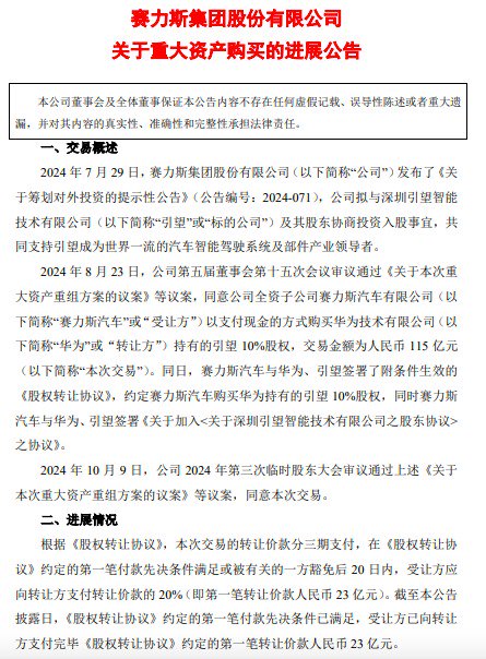 购买引望股权第一笔转让价款支付完毕！赛力斯三季报出炉，前三季度营收超1000亿元